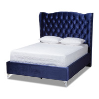 Baxton Studio CF8948-Navy Blue-King Hanne Glam and Luxe Purple Blue Velvet Fabric Upholstered King Size Wingback Bed